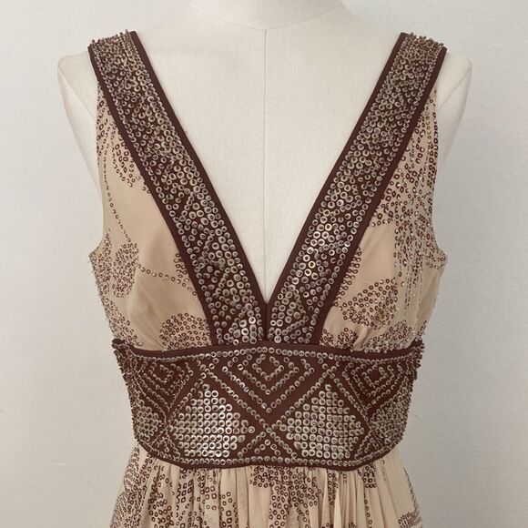 BCBG Beaded Cream & Brown Floral Silk Gown Size 2 - Picture 3 of 16
